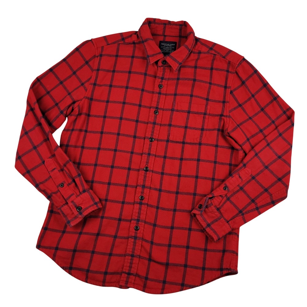 American Eagle Red Black Plaid Flannel Button Down Shirt Mens Large Lumberjack